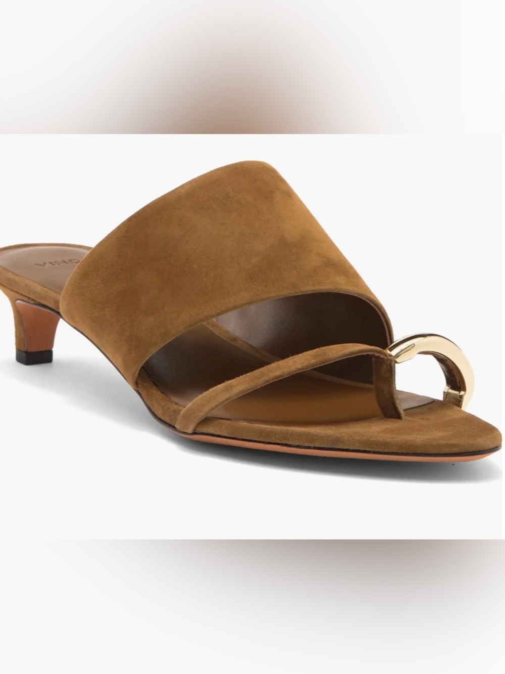 Vince Suede Open-Toe Mule in Cognac with Gold Accent Size 5.5